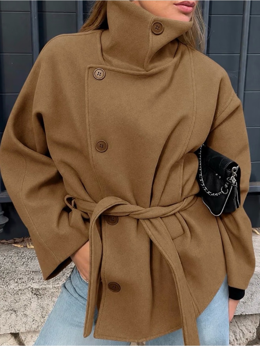 Brown Belted Wool- Look Coat, High Funnel Neck